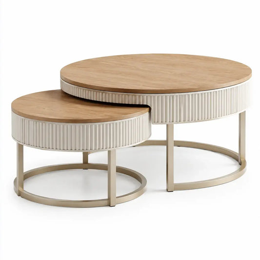 Conjunto de mesas de centro de formatos complementares - Castanho/bege/dourado
